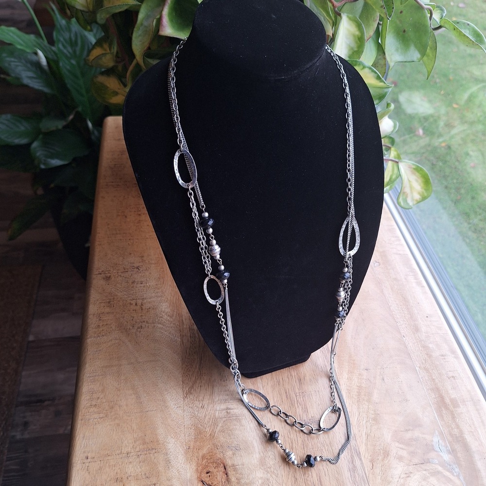 Long Silver Tone‎ Necklace Black Faceted Beads Open Oval Links Fashion Jewelry